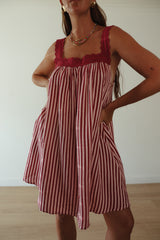 Juno Lace Neck Mini Dress - Wine + Pink Stripe