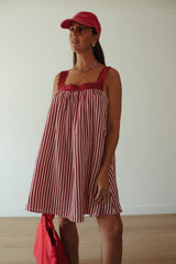 Juno Lace Neck Mini Dress - Wine + Pink Stripe