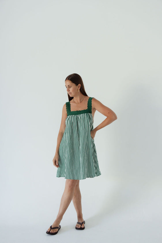 Juno Lace Neck Mini Dress - Emerald Stripe