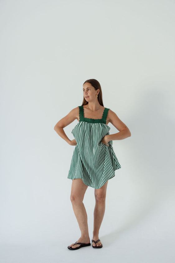 Juno Lace Neck Mini Dress - Emerald Stripe