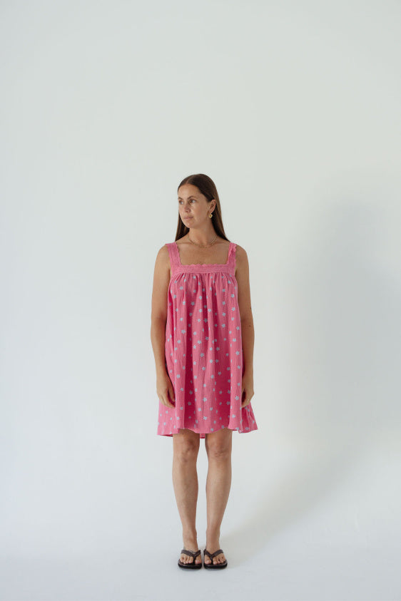 Juno Lace Neck Mini Dress - Pink Floral