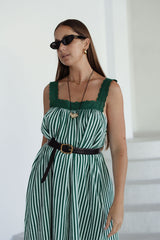 Juno Lace Neck Maxi Slip Dress - Emerald Stripe