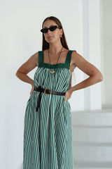 Juno Lace Neck Maxi Slip Dress - Emerald Stripe