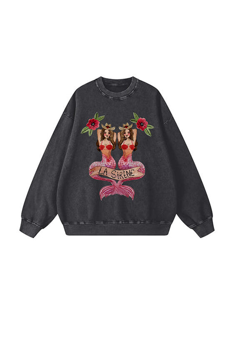 La Sirene Crew Neck Sweatshirt - Black Acid Wash