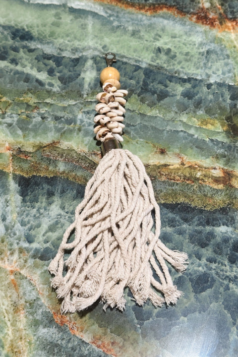 Large Cotton Tassel and Cowrie Shell Cluster Keyring