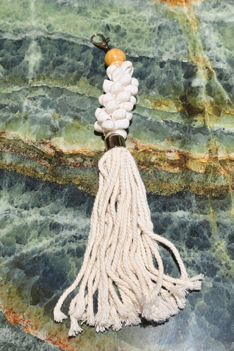 Large Cotton Tassel and White Shell Keyring