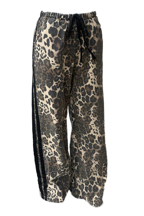 Black Racer Stripe Denim Leopard Pants