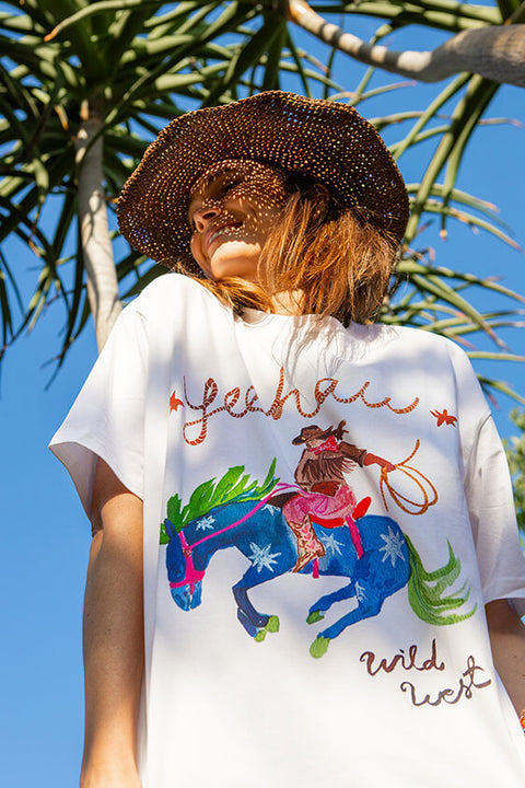 Yeehaw Oversized Deep Drop Shoulder Tee - Lucent White