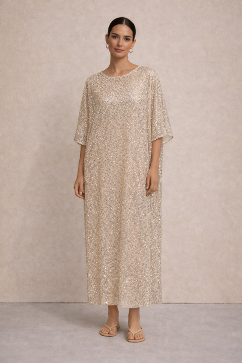 Gilded Hour Maxi Sequin Kaftan - Beige