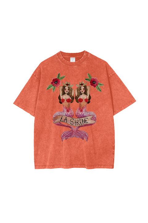 Oversized Mermaid Tee - Orange Acid Wash