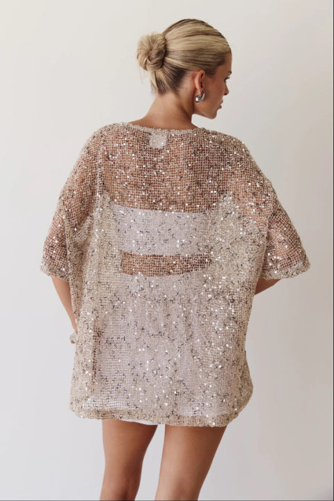 Gilded Hour Mesh Sequin Top - Beige