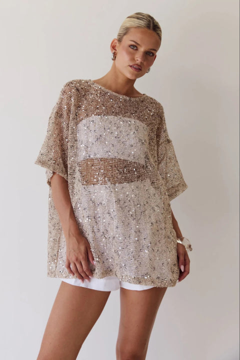 Gilded Hour Mesh Sequin Top - Beige