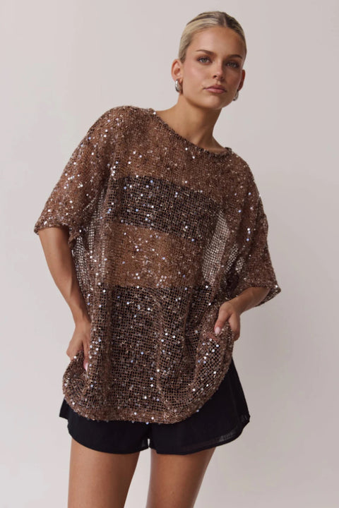 Gilded Hour Mesh Sequin Top - Mocha