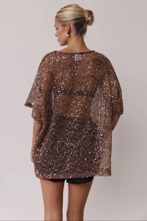 Gilded Hour Mesh Sequin Top - Mocha