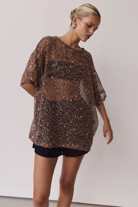 Gilded Hour Mesh Sequin Top - Mocha
