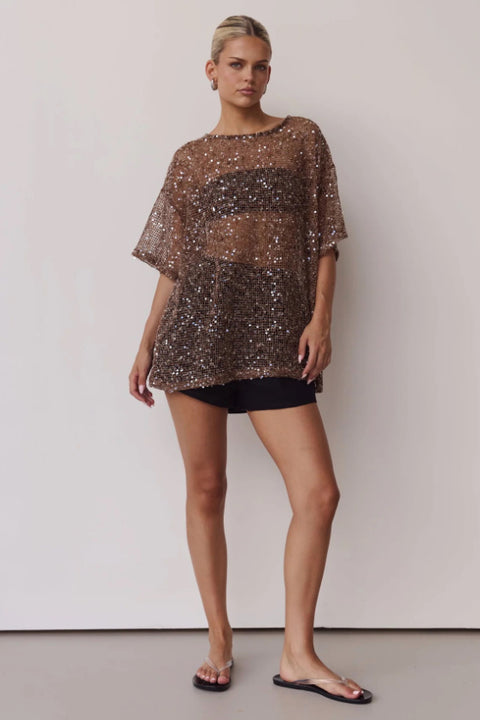 Gilded Hour Mesh Sequin Top - Mocha