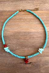 Semiprecious Howlite Turquoise Bead Necklace - Mini Red Heart