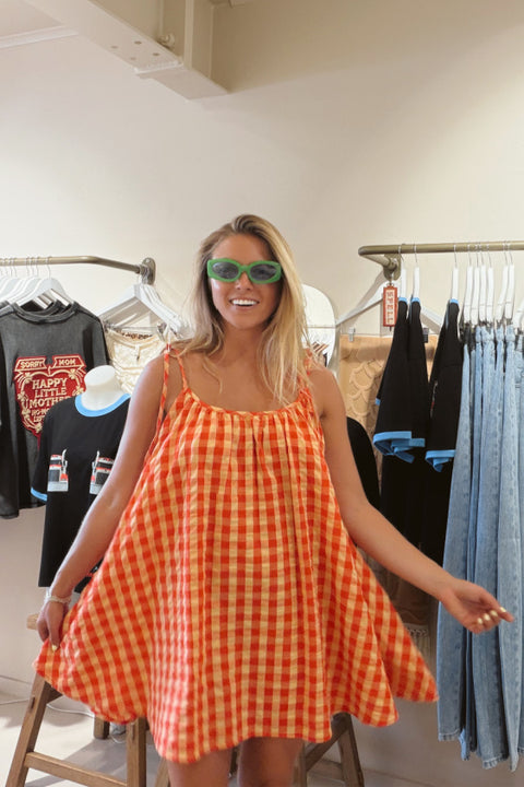 Mischa Tie Gingham Mini Dress -Tomato Gingham