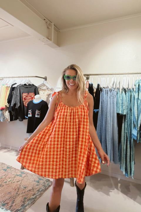 Mischa Tie Gingham Mini Dress -Tomato Gingham