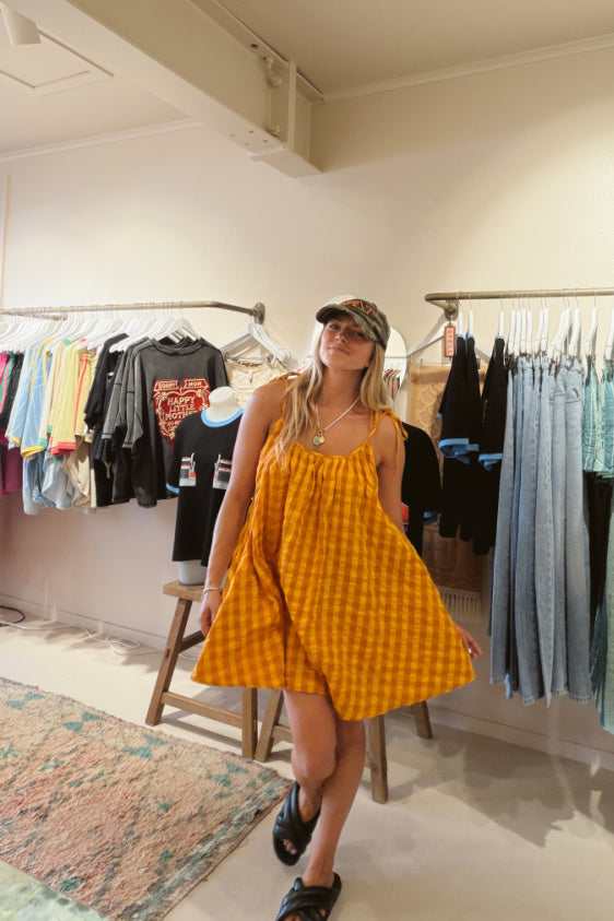 Mischa Tie Gingham Mini Dress - Mustard Cinnamon Gingham