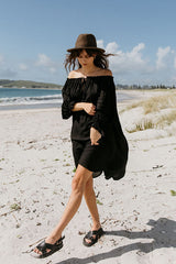 Noosa Off The Shoulder Tunic - Black Rayon Voile