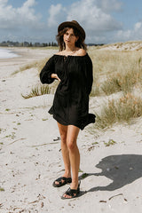 Noosa Off The Shoulder Tunic - Black Rayon Voile
