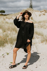 Noosa Off The Shoulder Tunic - Black Rayon Voile