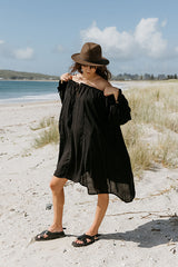 Noosa Off The Shoulder Tunic - Black Rayon Voile