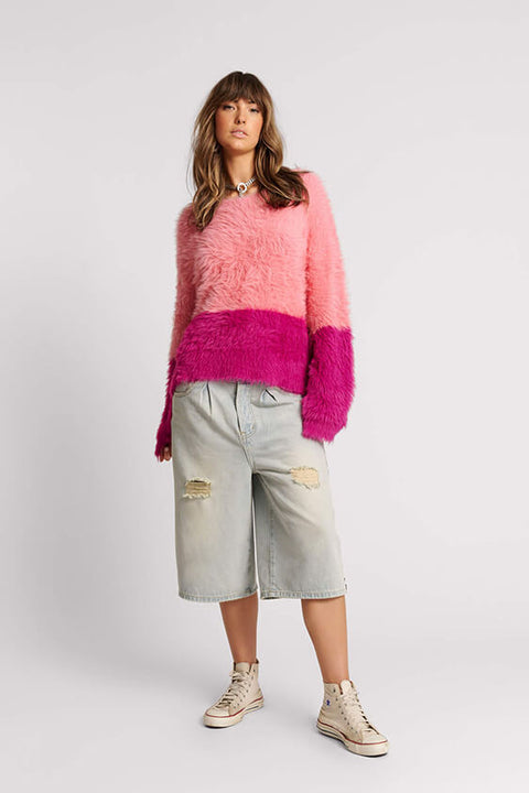 Fluffy Colour Block Sweater - Hot Pink