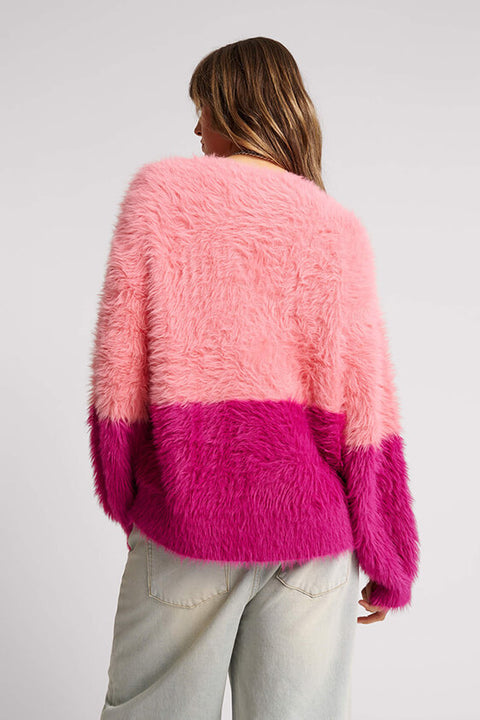 Fluffy Colour Block Sweater - Hot Pink