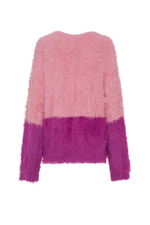 Fluffy Colour Block Sweater - Hot Pink