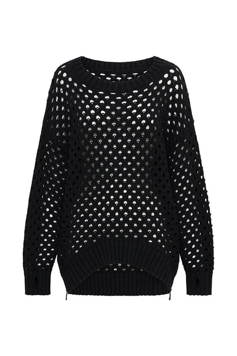 Knitted Fishnet Side Zip Sweater - Black