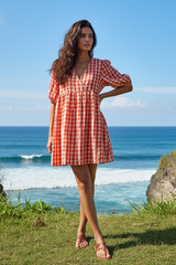 Chloe Puff Sleeve Gingham Smock - Tomato
