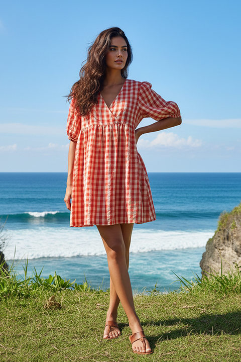 Chloe Puff Sleeve Gingham Smock - Tomato