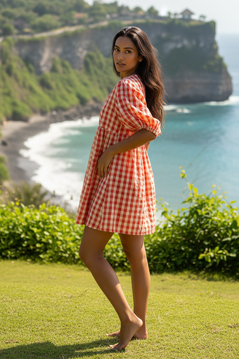 Chloe Puff Sleeve Gingham Smock - Tomato