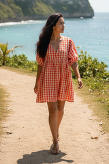 Chloe Puff Sleeve Gingham Smock - Tomato