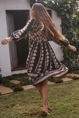 Petalwood Boho Midi Dress - Nightfall Black