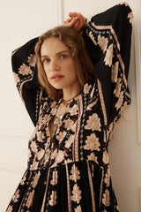 Petalwood Boho Midi Dress - Nightfall Black