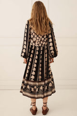 Petalwood Boho Midi Dress - Nightfall Black