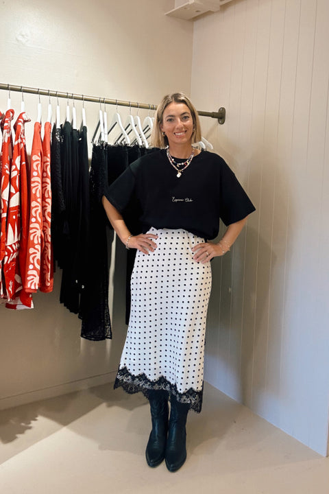 Polka Dot Midi Lace Skirt - Black and White