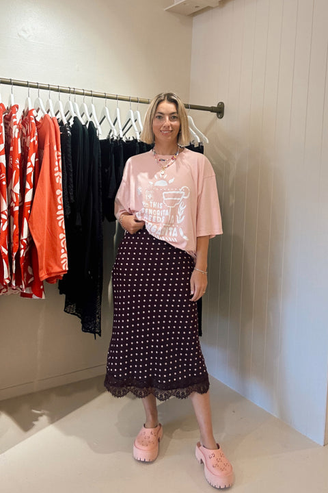 Polka Dot Midi Lace Skirt - Burgundy and Pink