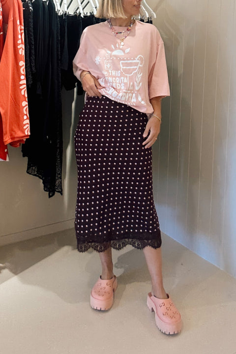 Polka Dot Midi Lace Skirt - Burgundy and Pink