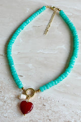 Santorini Necklace - Blue with Red Heart
