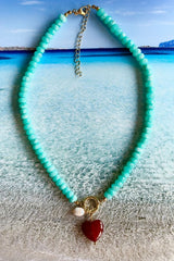 Santorini Necklace - Blue with Red Heart