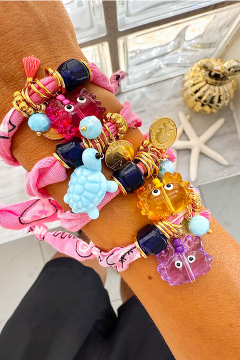 Pink Boho Bandana Charm Bracelet - Ciel Turtle