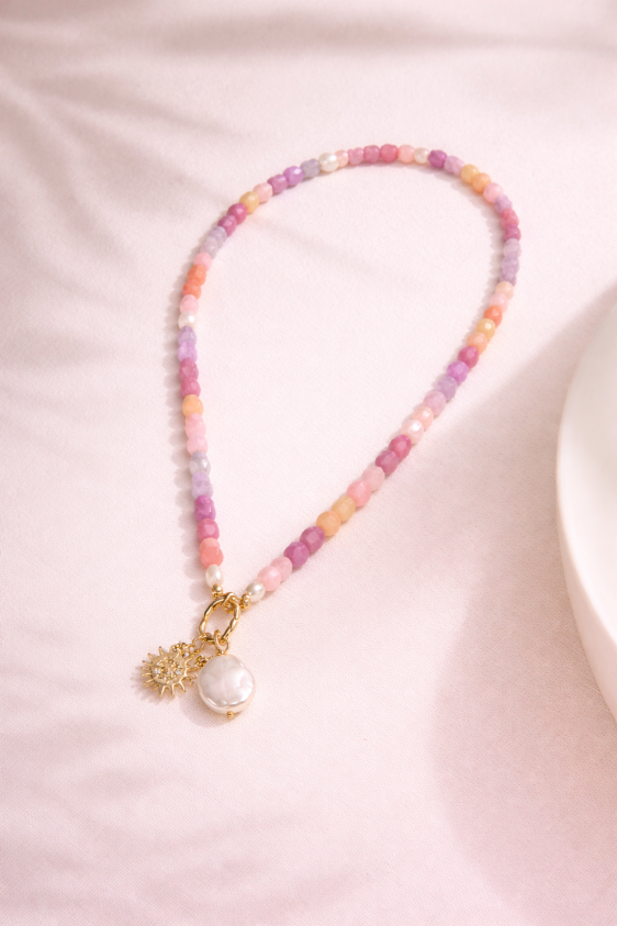 Sherbet Quartz Pearl Sun Fob Necklace