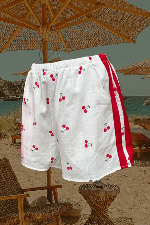 White Cherry Racer Shorts - White with Red