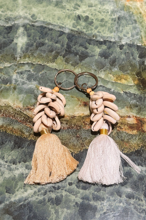 Small Cotton tassel and Cowrie Shell Keyring - White