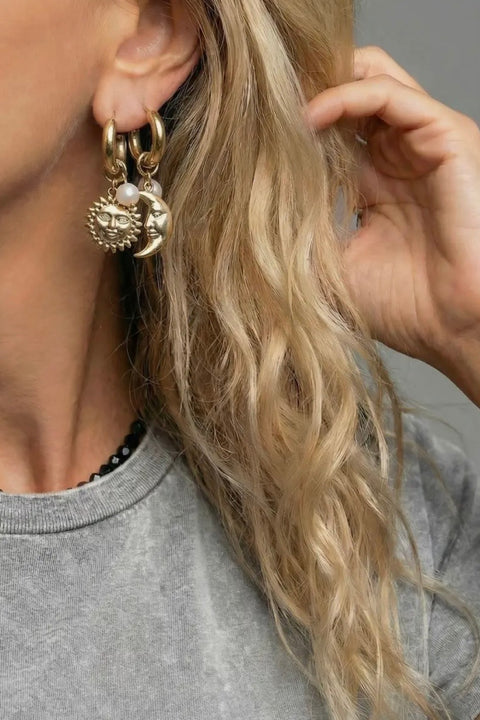 Moon and Sun Charm Pearl Hoop Earrings in Gold