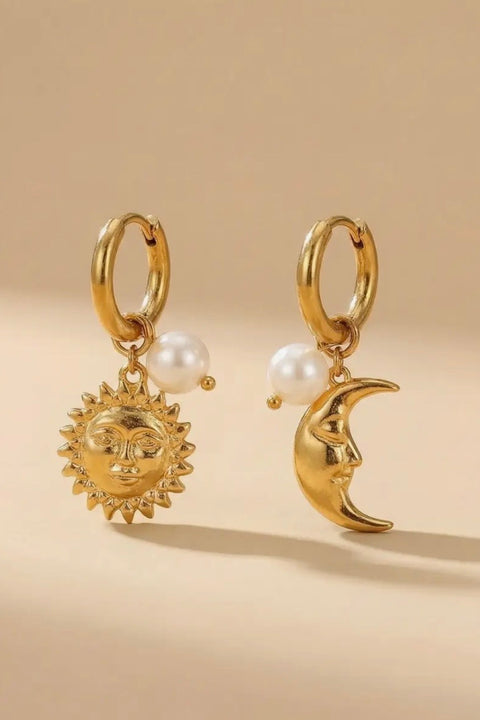Moon and Sun Charm Pearl Hoop Earrings in Gold